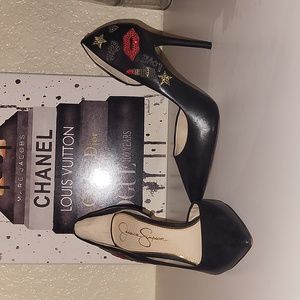 Jessica Simpson "Lah Lah" black leather rinestone embellished pointe…